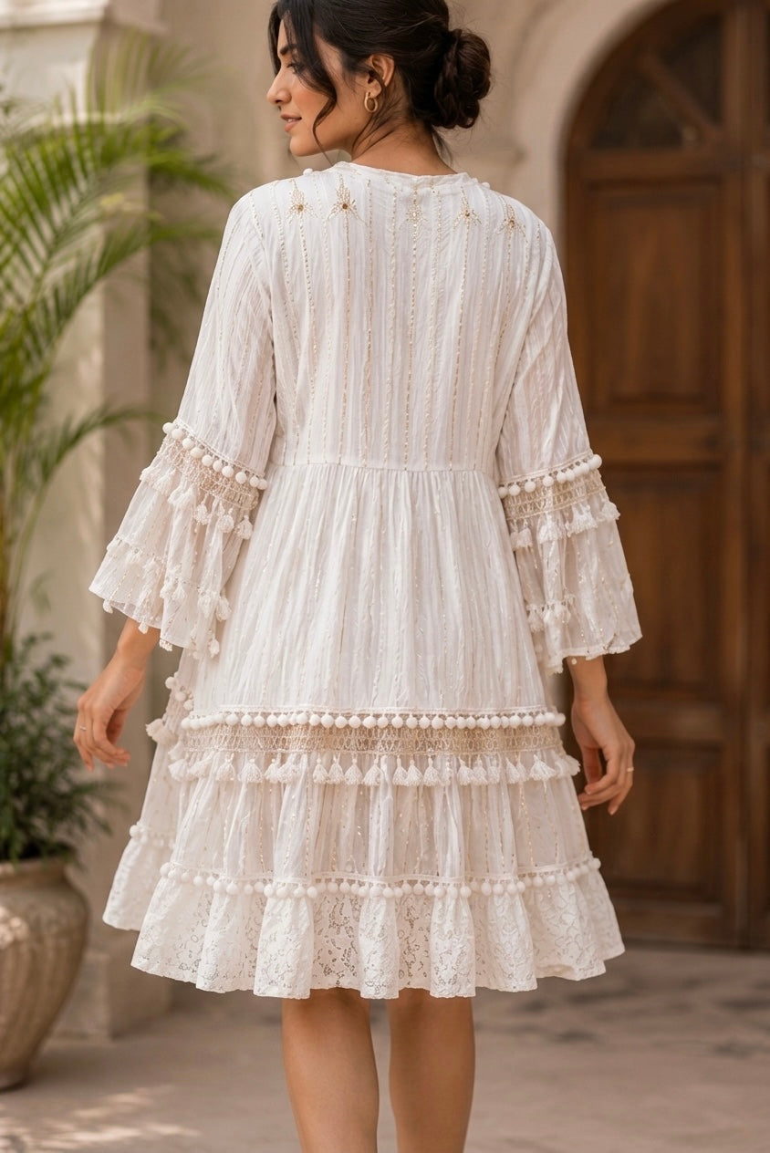 Purvi Jaipur White Embroidered Cotton Tiered Boho Dress for Women