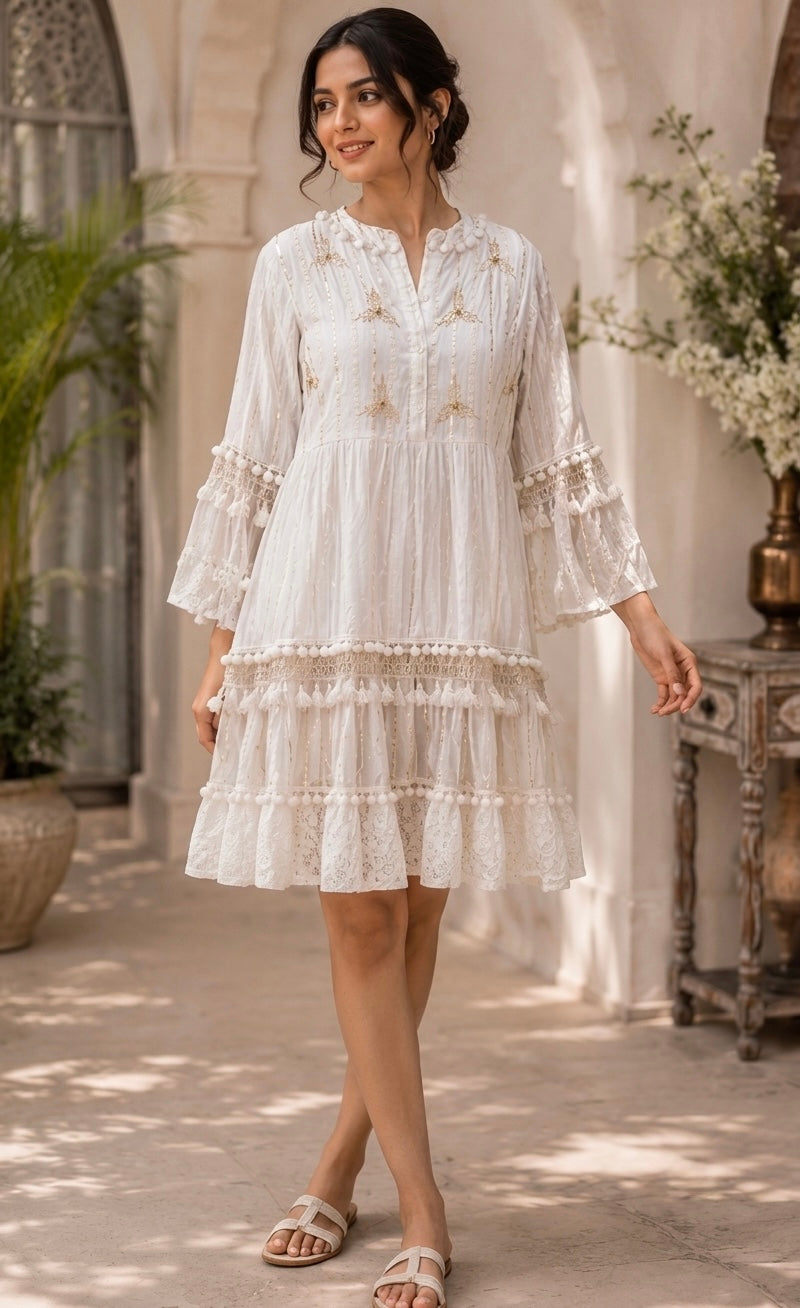 Purvi Jaipur White Embroidered Cotton Tiered Boho Dress for Women