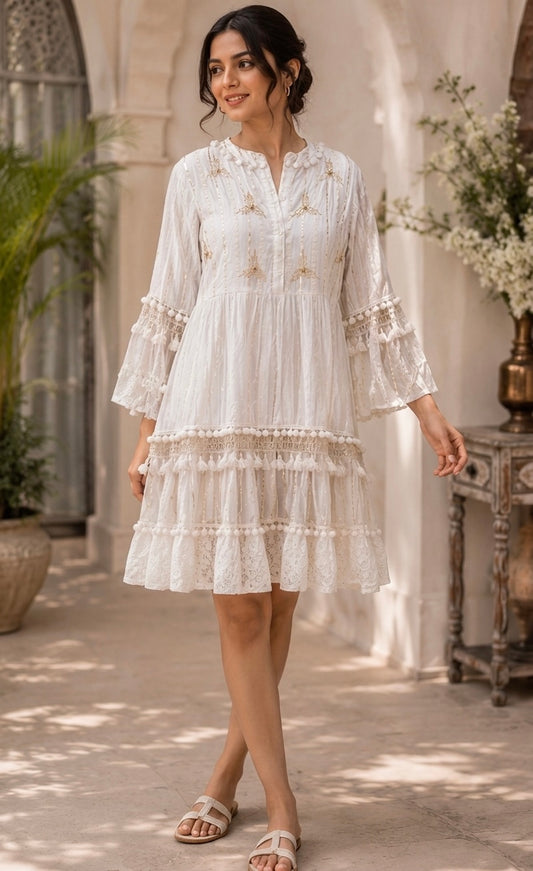 Purvi Jaipur White Embroidered Cotton Tiered Boho Dress for Women