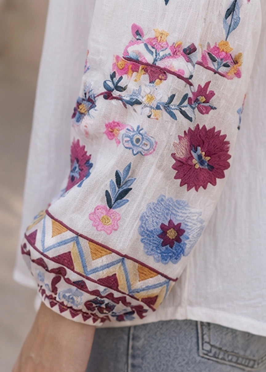 White Embroidered Peasant Top with Floral Sleeves & Tassel Tie