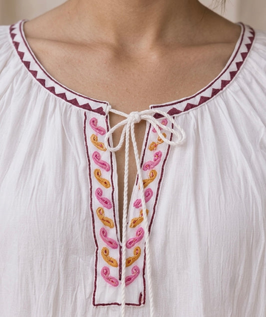 White Embroidered Peasant Top with Floral Sleeves & Tassel Tie