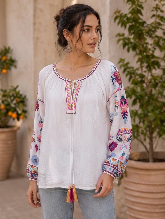 White Embroidered Peasant Top with Floral Sleeves & Tassel Tie