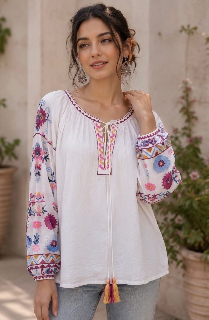 White Embroidered Peasant Top with Floral Sleeves & Tassel Tie