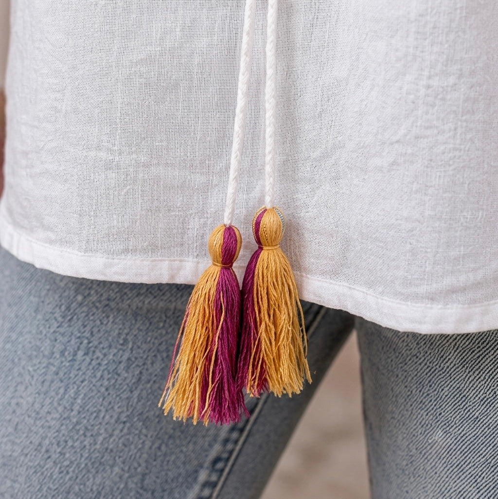 White Embroidered Peasant Top with Floral Sleeves & Tassel Tie