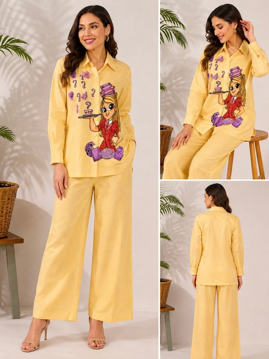 Linen Yellow Hand Paint Co-Ord Set | Premium Linen Shirt & Wide Leg Linen Pant Set