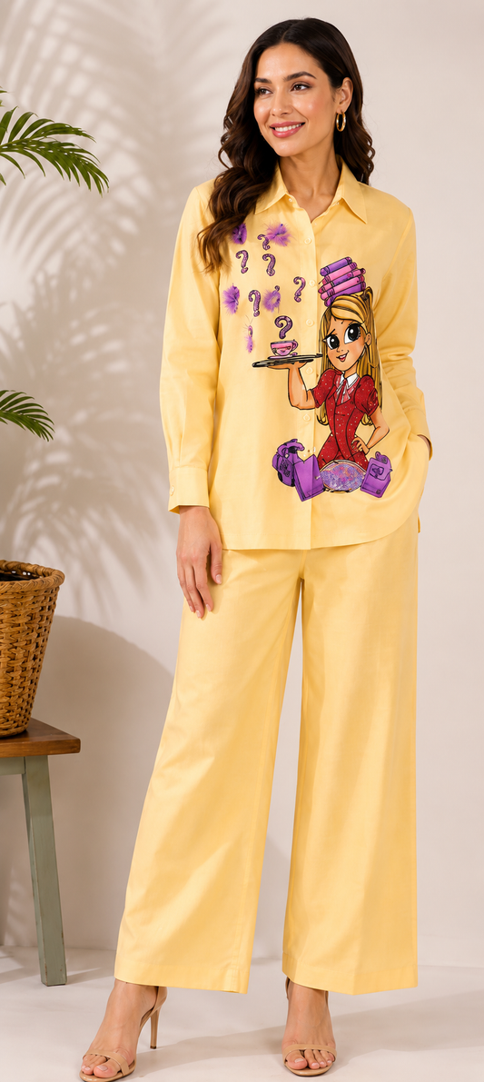 Linen Yellow Hand Paint Co-Ord Set | Premium Linen Shirt & Wide Leg Linen Pant Set