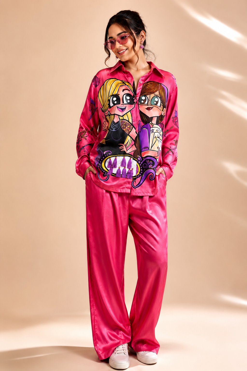 Pop Art Printed Satin Shirt & Pants Co-ord Set