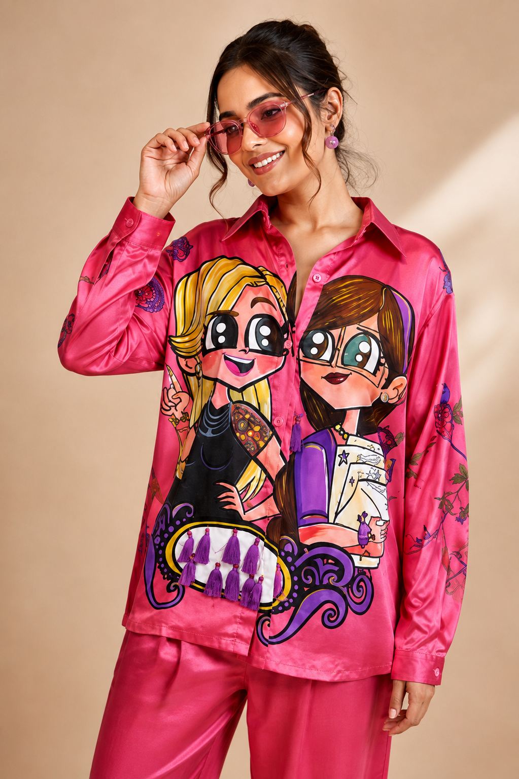 Pop Art Printed Satin Shirt & Pants Co-ord Set