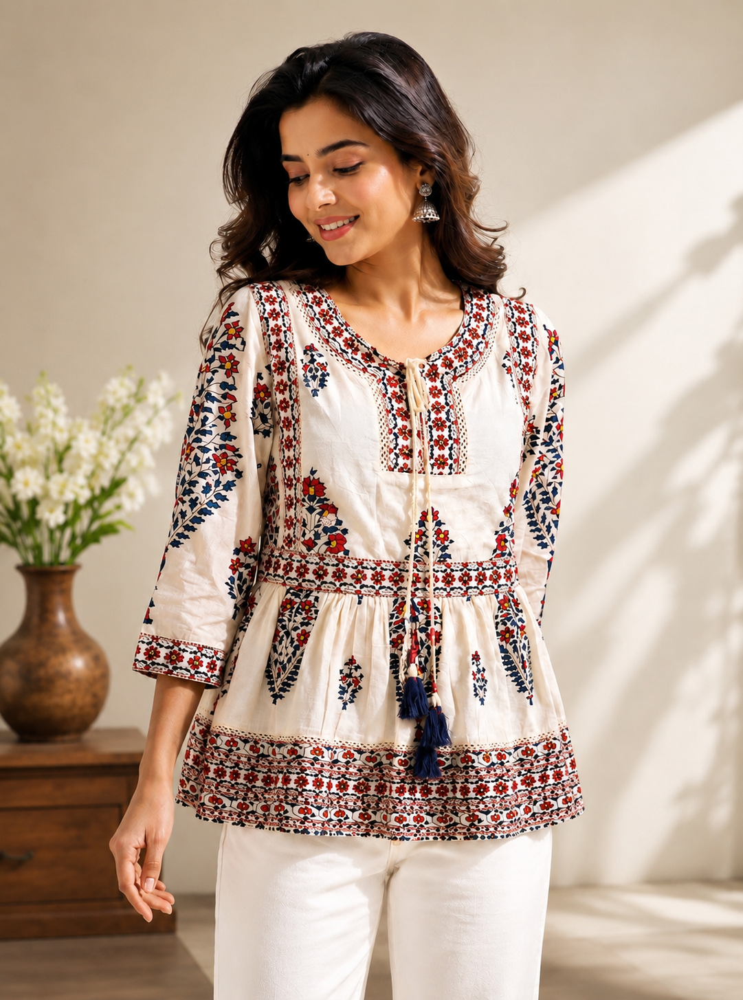 Women"s off White Floral Printed Cotton blend Ethnic Short Kurti with 3/4 Sleeves