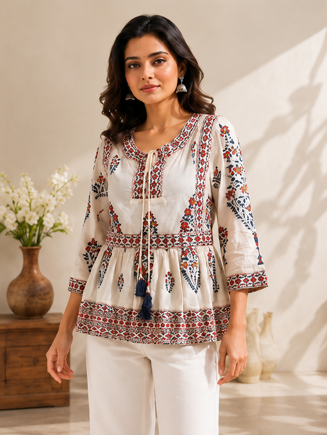 Women"s off White Floral Printed Cotton blend Ethnic Short Kurti with 3/4 Sleeves