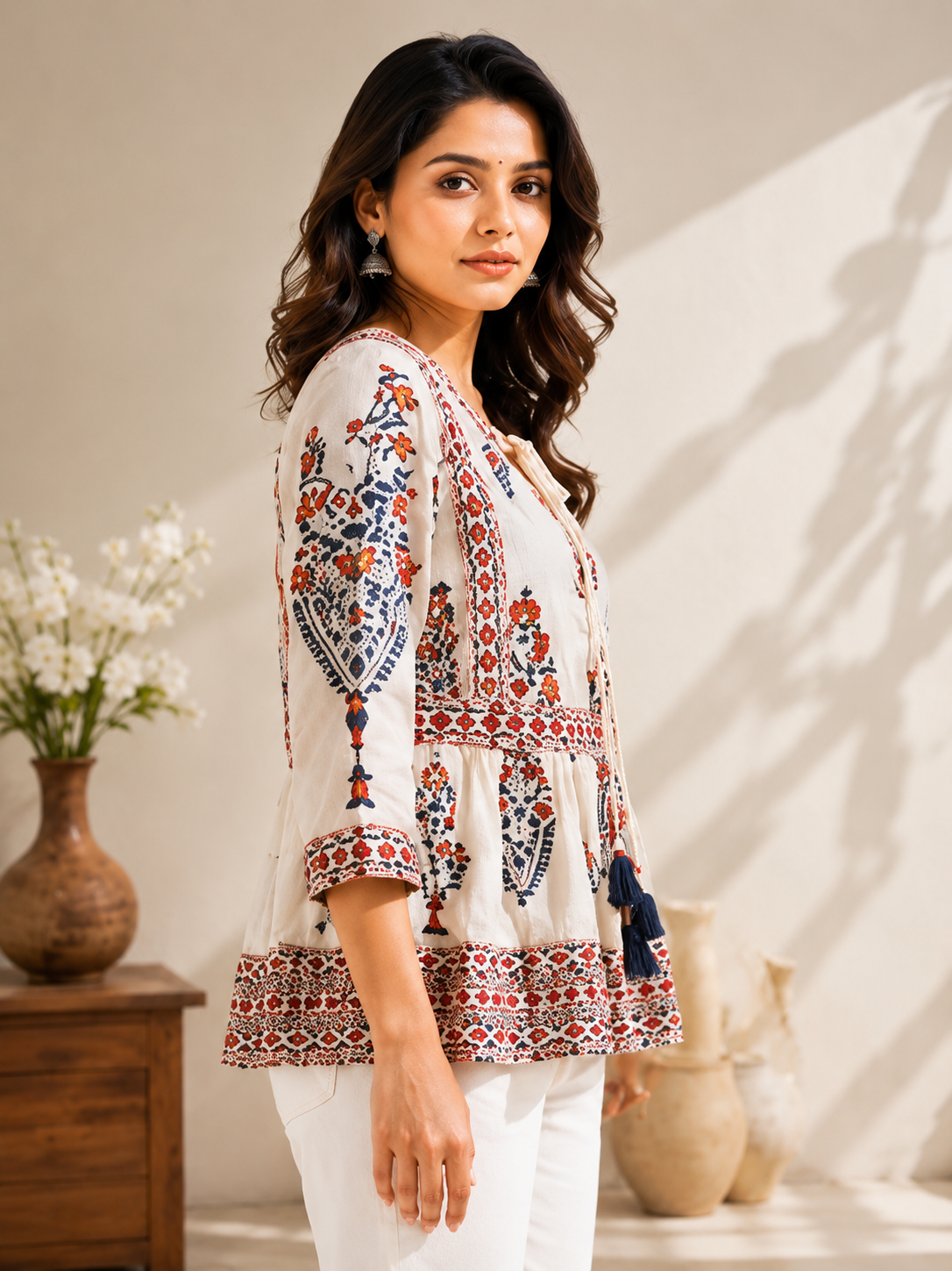 Women"s off White Floral Printed Cotton blend Ethnic Short Kurti with 3/4 Sleeves