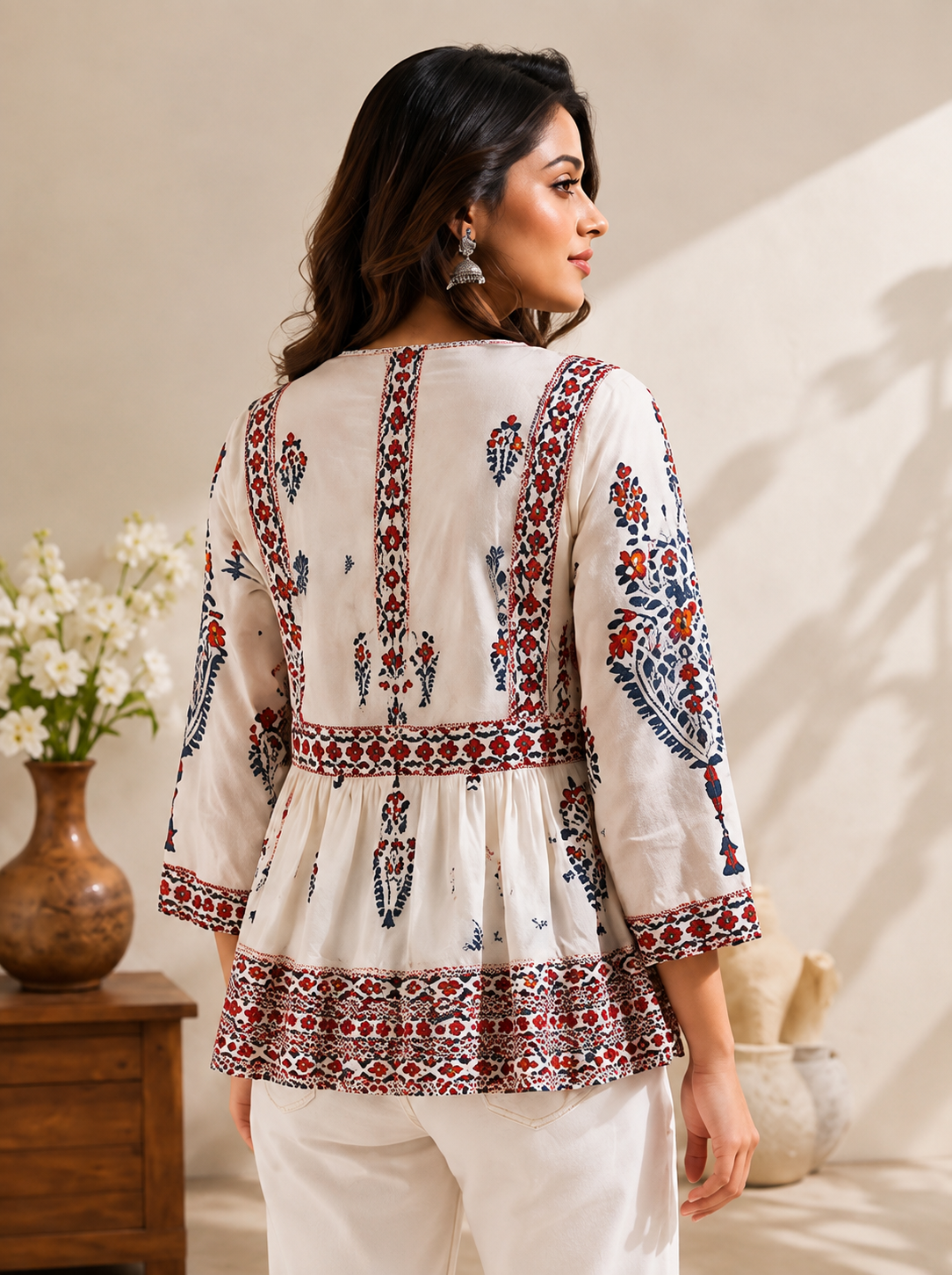 Women"s off White Floral Printed Cotton blend Ethnic Short Kurti with 3/4 Sleeves