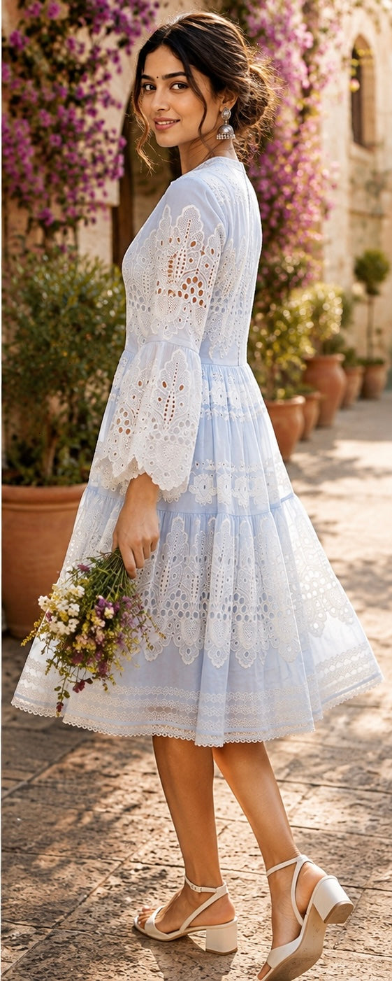 Purvi Jaipur Women White Schiffli Embroidered Cotton Fit & Flare Mini Dress with Bell Sleeves
