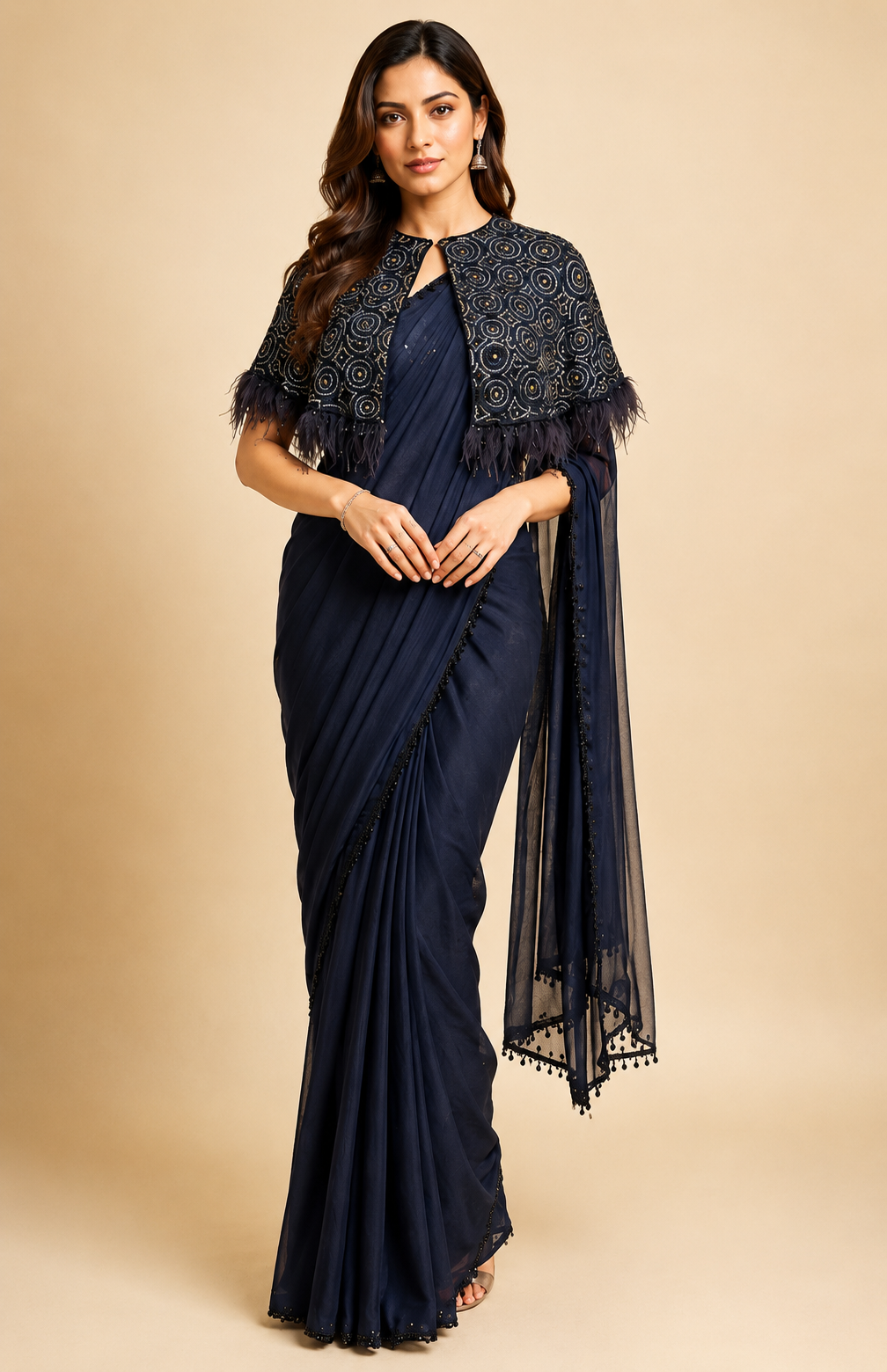 Black Draped Saree with Embellished Feather-Trim Cape Jacket (Co-ord Set)