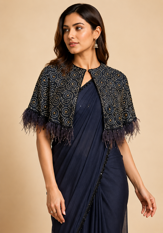 Black Draped Saree with Embellished Feather-Trim Cape Jacket (Co-ord Set)
