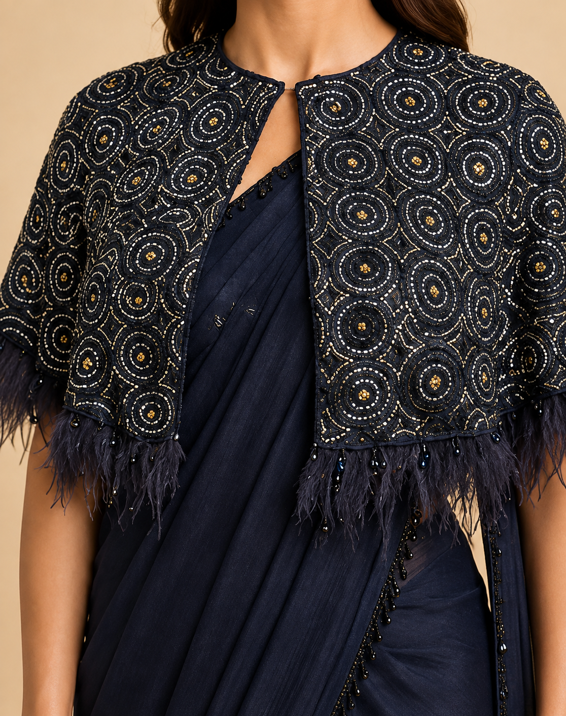 Black Draped Saree with Embellished Feather-Trim Cape Jacket (Co-ord Set)