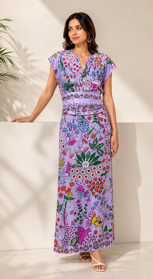 Lavender Floral Bird Printed skirt with top