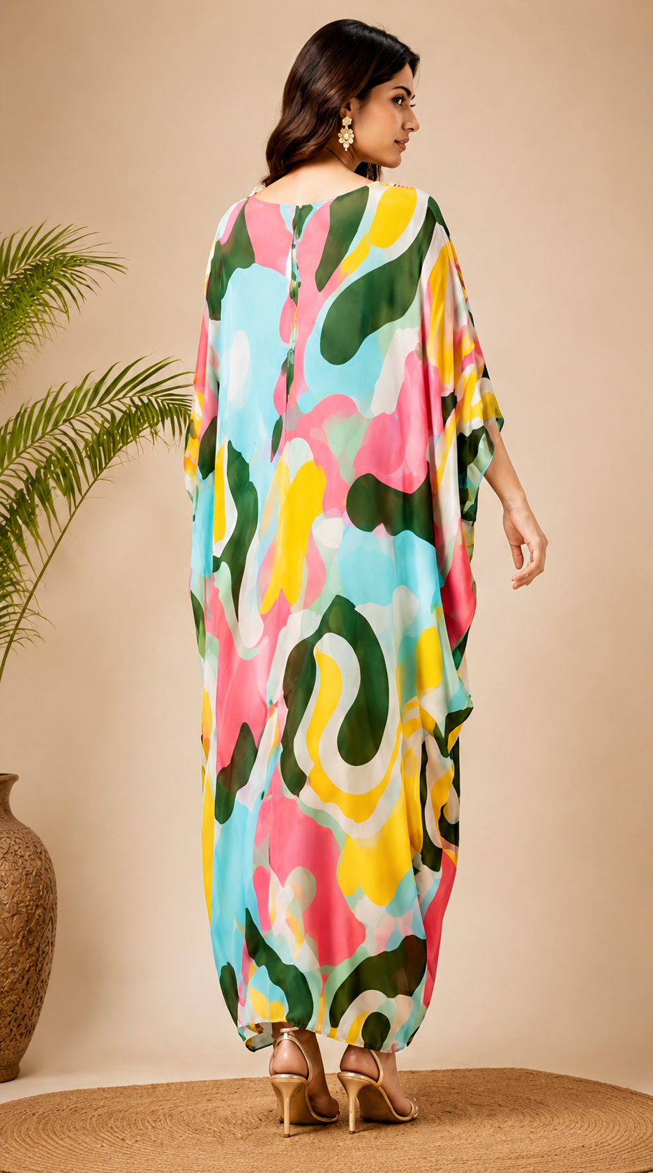 Multicolor Abstract Printed Kaftan Dress with Embellished Lace-Up Neckline