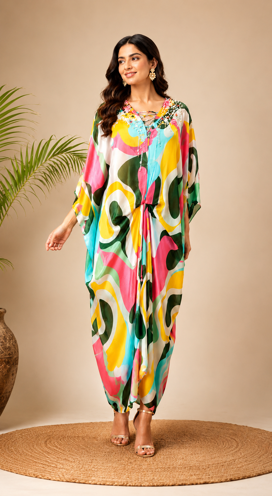 Multicolor Abstract Printed Kaftan Dress with Embellished Lace-Up Neckline