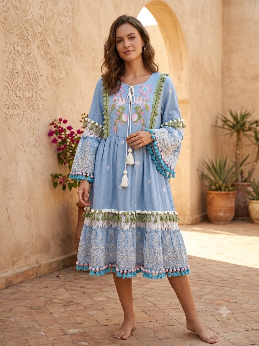Women’s Blue Floral Embroidered A-Line Midi Dress with Lace Panel, Tassel Tie-Up Neck & Bell Sleeves