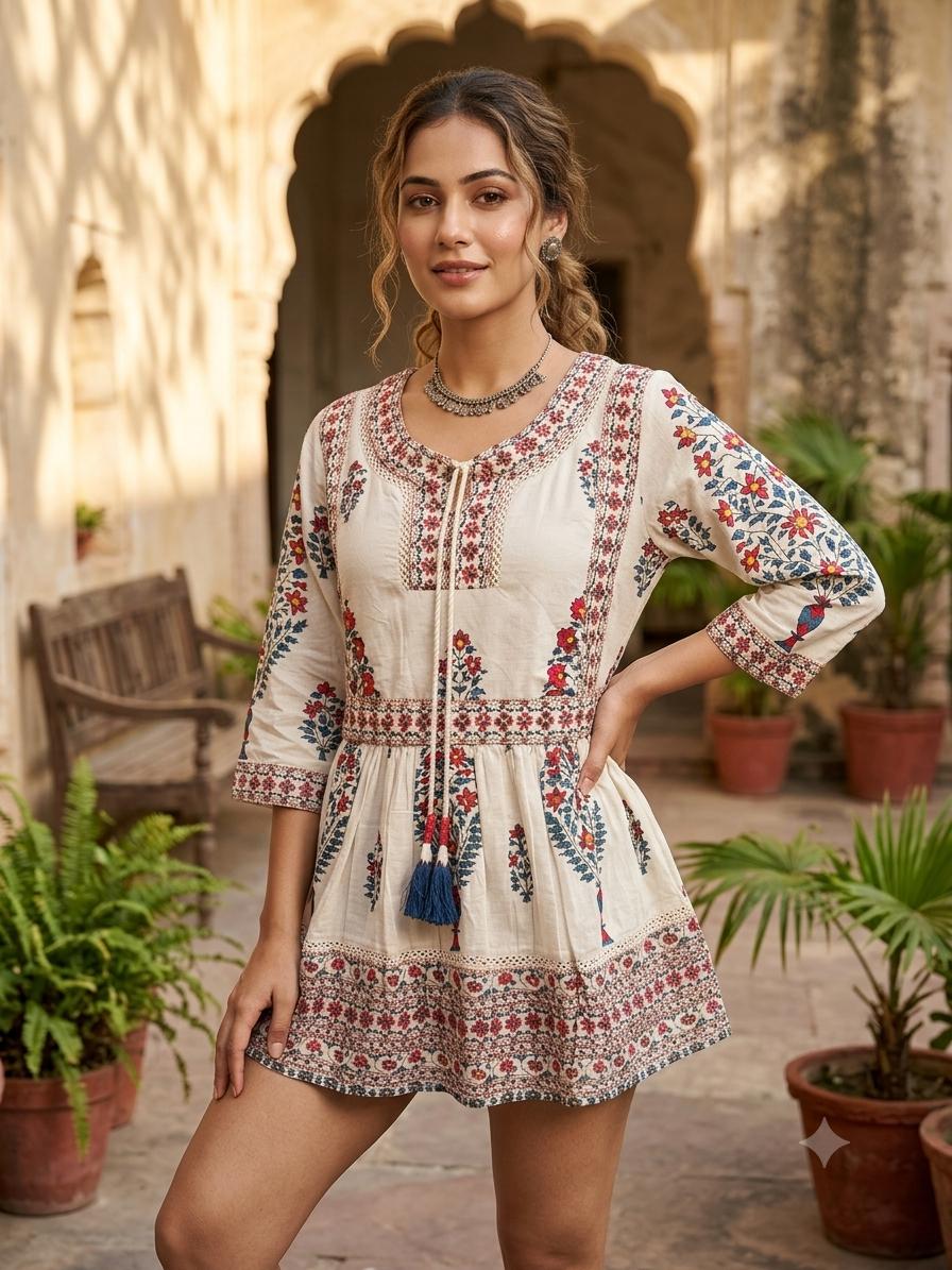 Women"s off White Floral Printed Cotton blend Ethnic Short Kurti with 3/4 Sleeves
