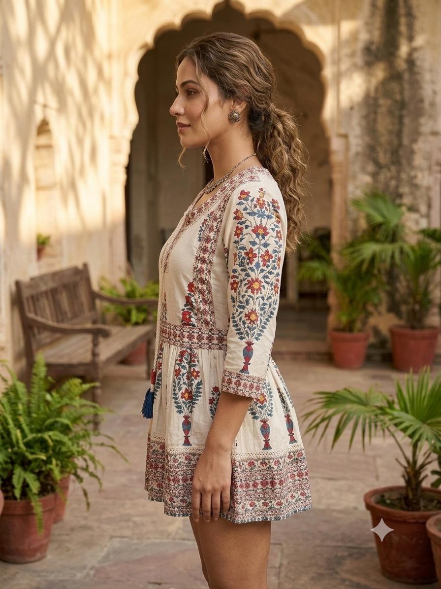 Women"s off White Floral Printed Cotton blend Ethnic Short Kurti with 3/4 Sleeves