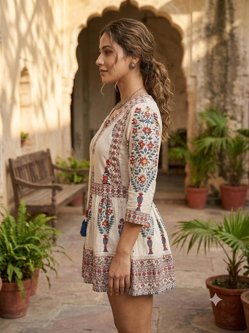 Women"s off White Floral Printed Cotton blend Ethnic Short Kurti with 3/4 Sleeves