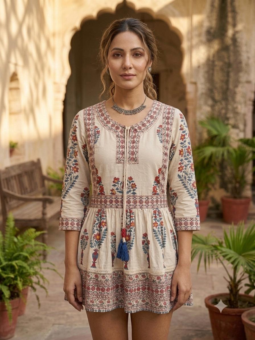 Women"s off White Floral Printed Cotton blend Ethnic Short Kurti with 3/4 Sleeves