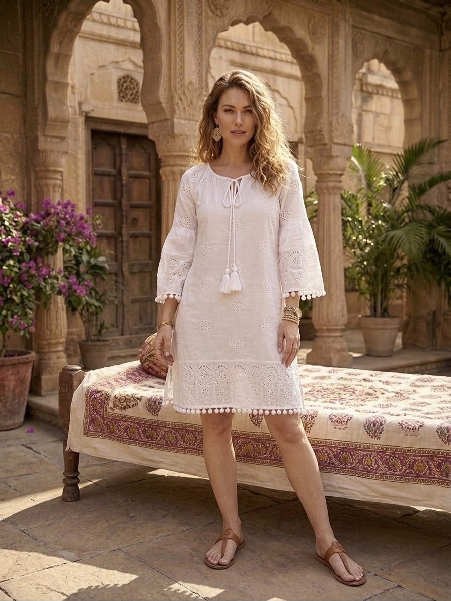 Purvi Jaipur Women's White Cotton Schiffli Embroidered Boho A-Line Kurta with Tassel Tie-Up Neck & Bell Sleeves