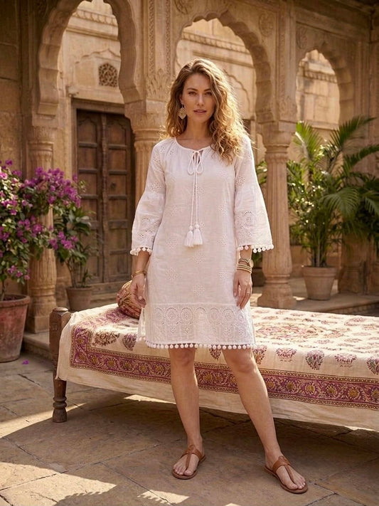 Purvi Jaipur Women's White Cotton Schiffli Embroidered Boho A-Line Kurta with Tassel Tie-Up Neck & Bell Sleeves