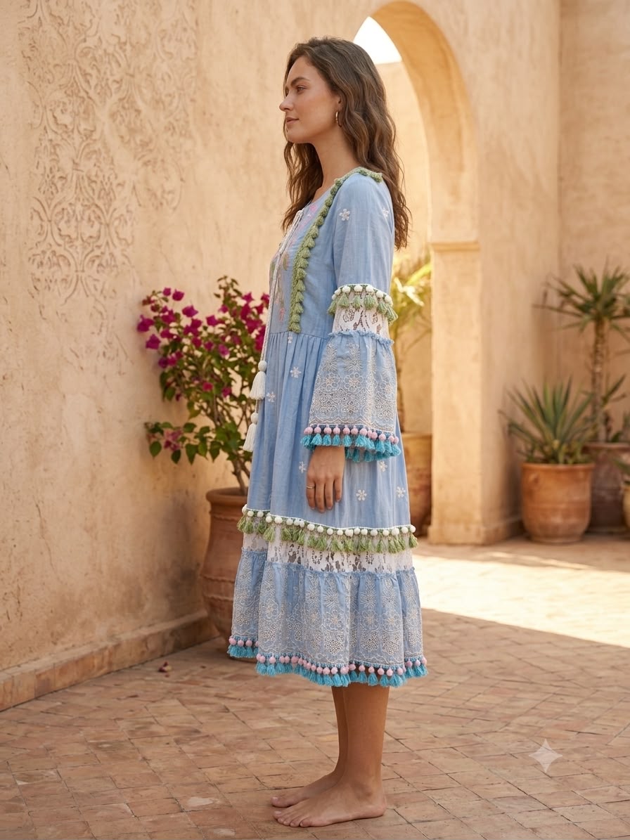 Women’s Blue Floral Embroidered A-Line Midi Dress with Lace Panel, Tassel Tie-Up Neck & Bell Sleeves