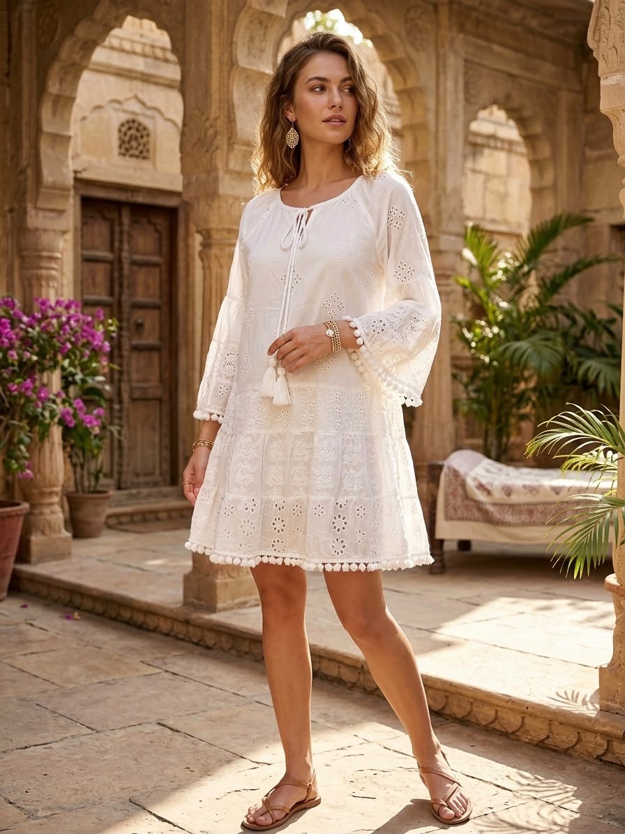 Purvi Jaipur Women's White Cotton Schiffli Embroidered Boho A-Line Kurta with Tassel Tie-Up Neck & Bell Sleeves